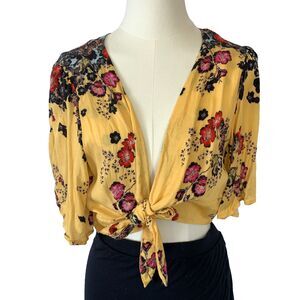 Free People Women's Small Yellow Party Top Floral Wrap Cropped M Boho
